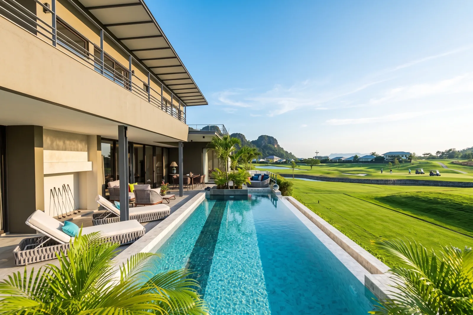 Modern golf villa with a pool overlooking the fairway and mountains near Hua Hin
